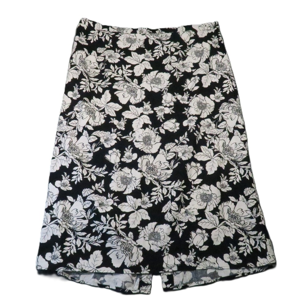 Old Navy Floral Linen Blend Midi Skirt 3X Black White Back Slit Cottage Bohemian